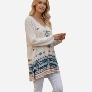 Liberty Wear cream & blue Aztec  pattern long sleeve top lightweight sweater/2XL